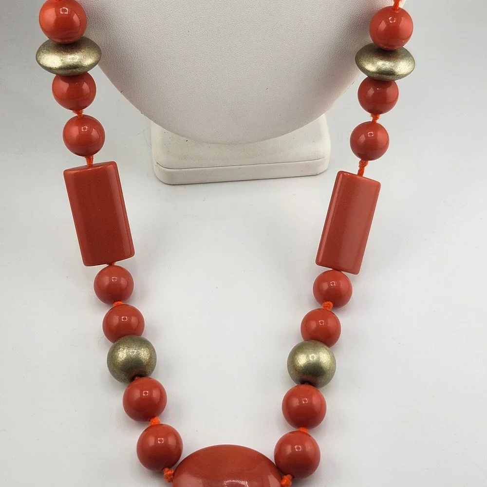 Talbots Coral Orange‎ Beaded Statement Necklace with Geometric Accents